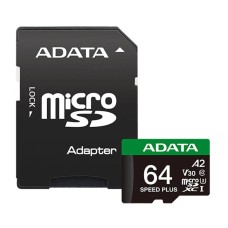 Adata SPEED PLUS 64GB MicroSDXC/SDHC UHS-I U3 Class 10 V30 A2 Memory Card with Adapter